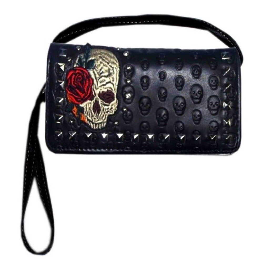 Women's Rhinestone Black Western Skull Embroidery Hipster Wallet